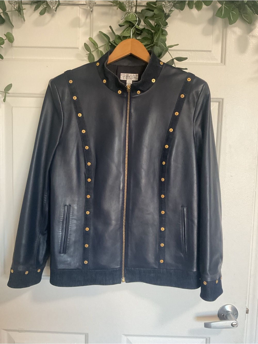 Women's Navy Leather Stud-Trim Zip Jacket - Picture 2 of 10